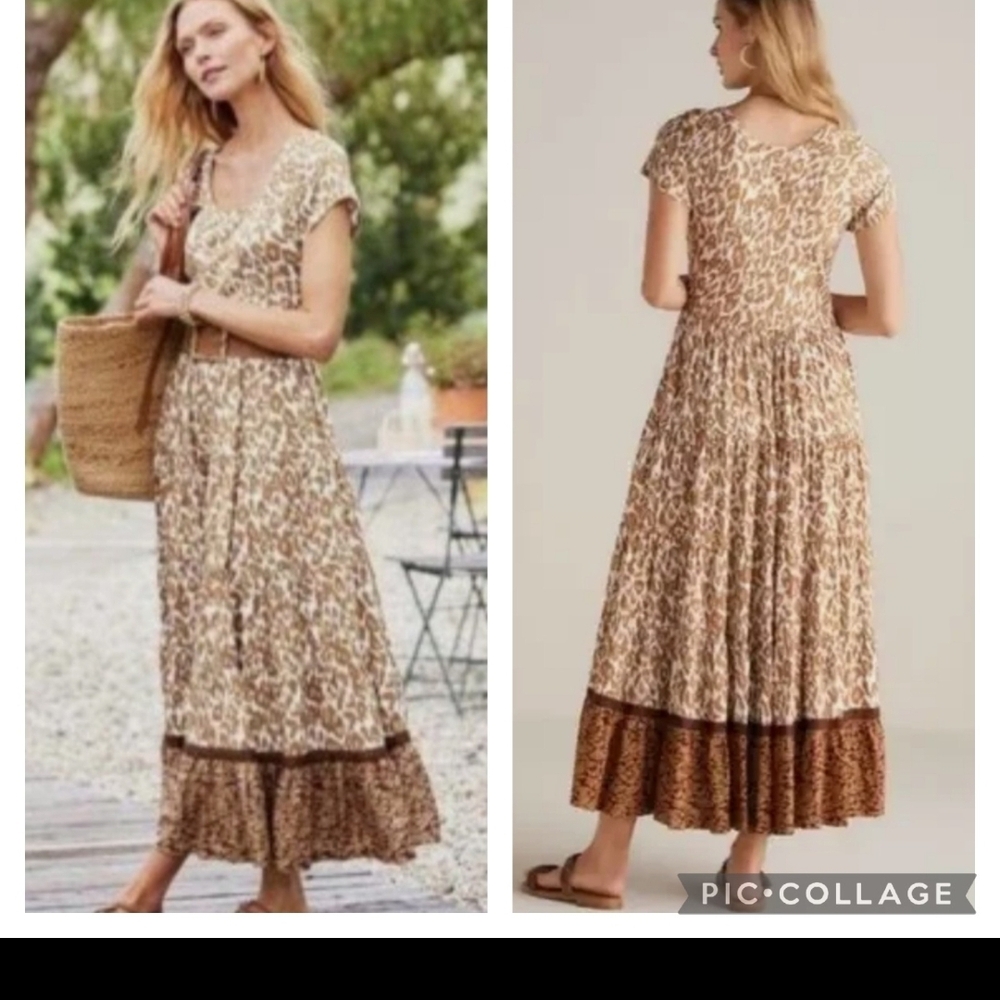 Soft Surroundings Beige and Brown Printed Tiered Maxi Dress
